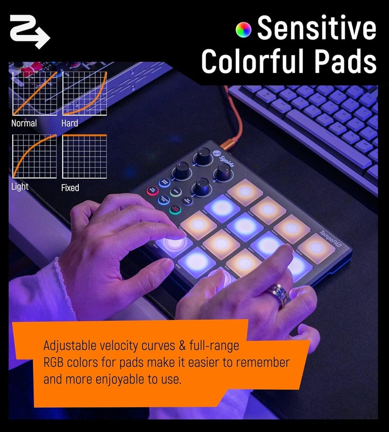 Synido TempoPAD MIDI Drum Controller, 16 RGB Backlit Beat Pads, 4 Assignable Knobs, USB Portable Music Production, Black - Image 3